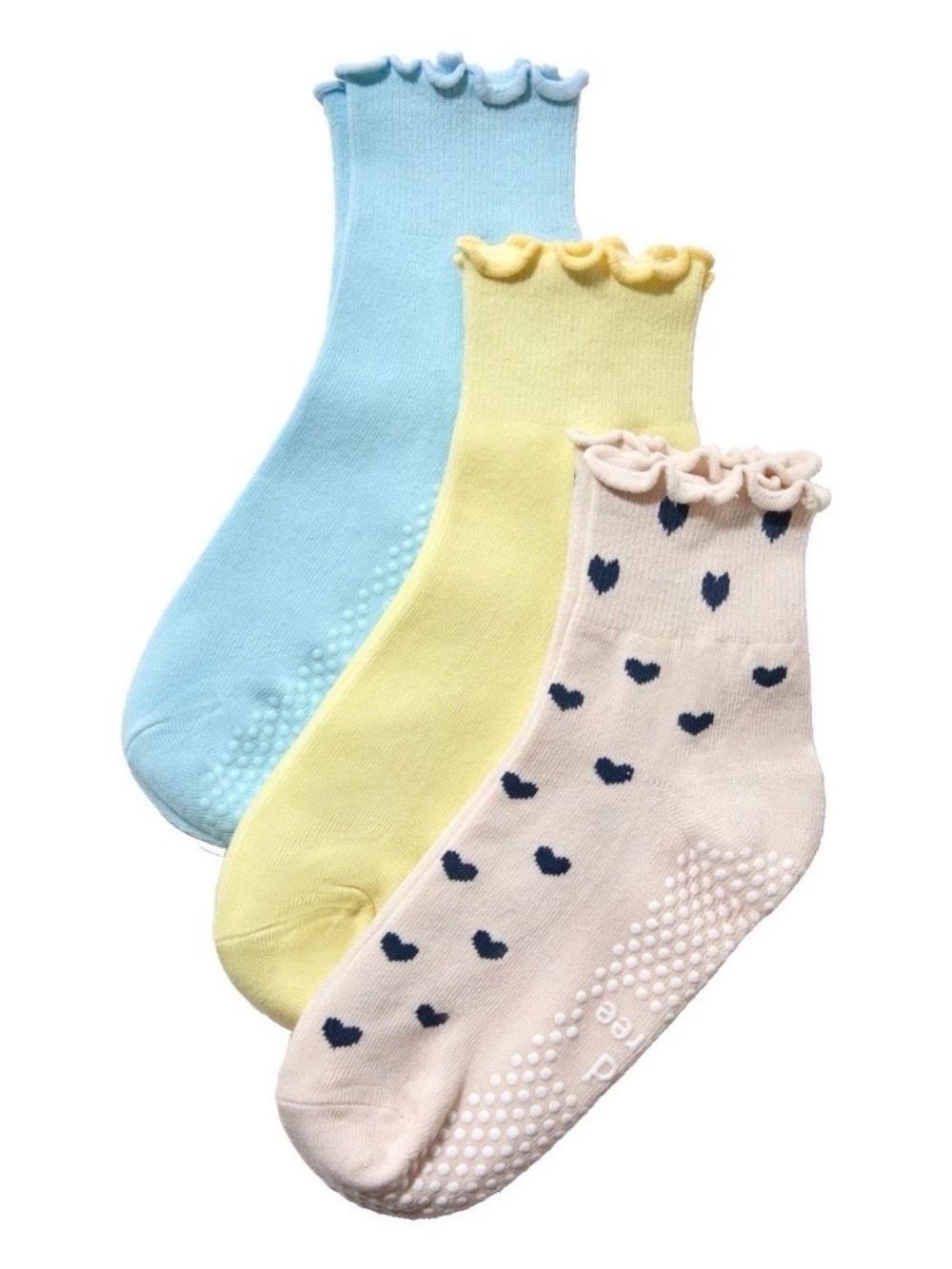 Women's Pilates Non-Slip Ruffle Top Socks - Blue, Yellow & Pink Hearts